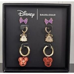 Disney Baublebar 3 Pair Halloween Earrings Mickey Pumpkin Ghost and Web Bow New